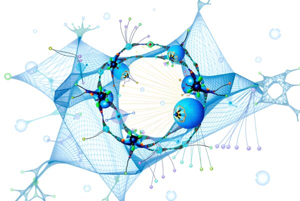 Abstract visualization of intricate molecular networks and connections.