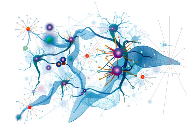 Abstract depiction of a vibrant, interconnected network with colorful nodes and lines.