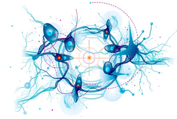 An abstract biotech network illustration merging DNA and molecular structures.