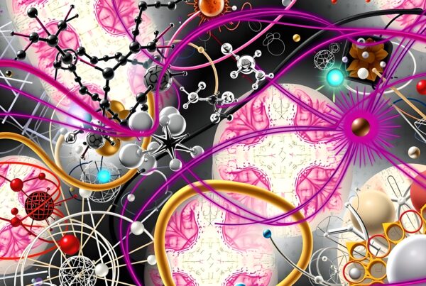 Abstract molecular structures in vibrant colors intertwine against a contrasting background.