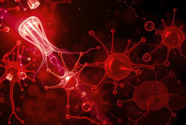 Illustration of neural connections in a vibrant red network with glowing nodes and strands.