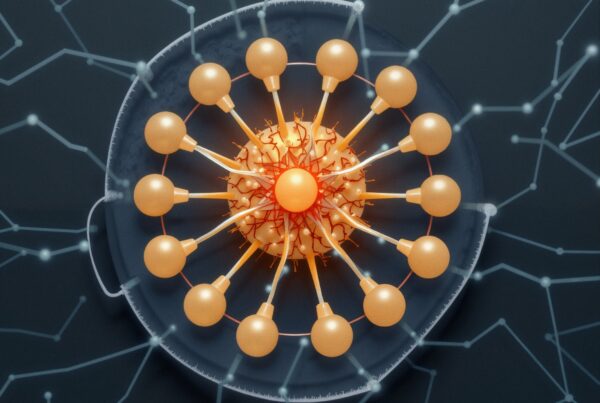 A digital illustration of interconnected spheres representing a network on a dark background.