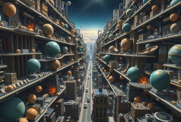 Futuristic cityscape with floating spheres and explosions.