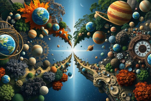 Surreal art depicting a cosmic scene with planets and clockwork elements symbolizing the universe's harmonious blend of time and nature.