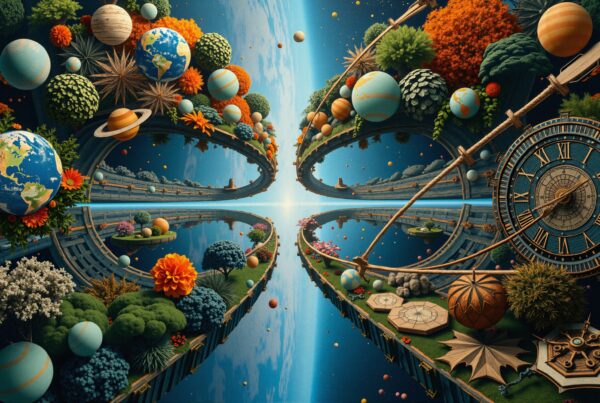 Surreal cosmic landscape featuring planets, pathways, and a large clock reflecting in a mirrored space setting, surrounded by vibrant greenery and flowers.