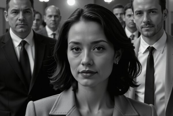 A confident woman in a suit leads a group in a professional, business setting.