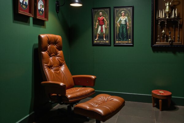 A cozy room with a brown leather armchair and green walls adorned with unique artwork and lighting.