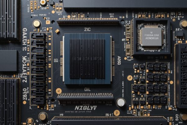 Close-up image of a computer motherboard showing various components and connections, highlighting its complex design and engineering.