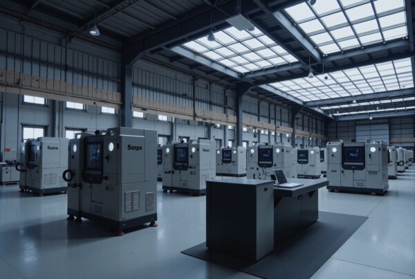 Modern industrial facility with advanced manufacturing machines arranged in rows, illuminated by skylights.