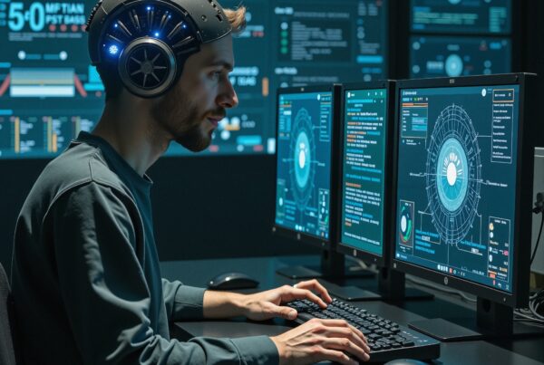 A man at a computer workstation using futuristic technology and a digital interface, wearing a modern headset in a high-tech environment.