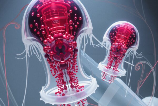 Futuristic robotic jellyfish with glowing red details floating in a surreal underwater scene.