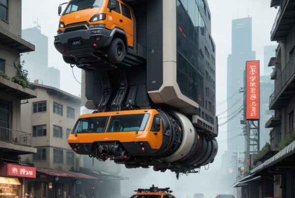 A futuristic scene blending modern vehicles with traditional urban architecture in a foggy city landscape.