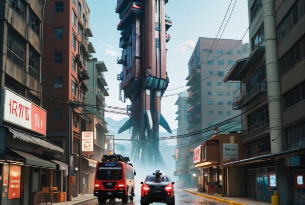 Futuristic city street with towering structure and vehicles.