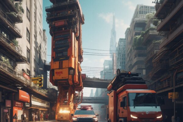 A towering orange construction machine in a modern urban street with skyscrapers, vehicles, and pedestrians.