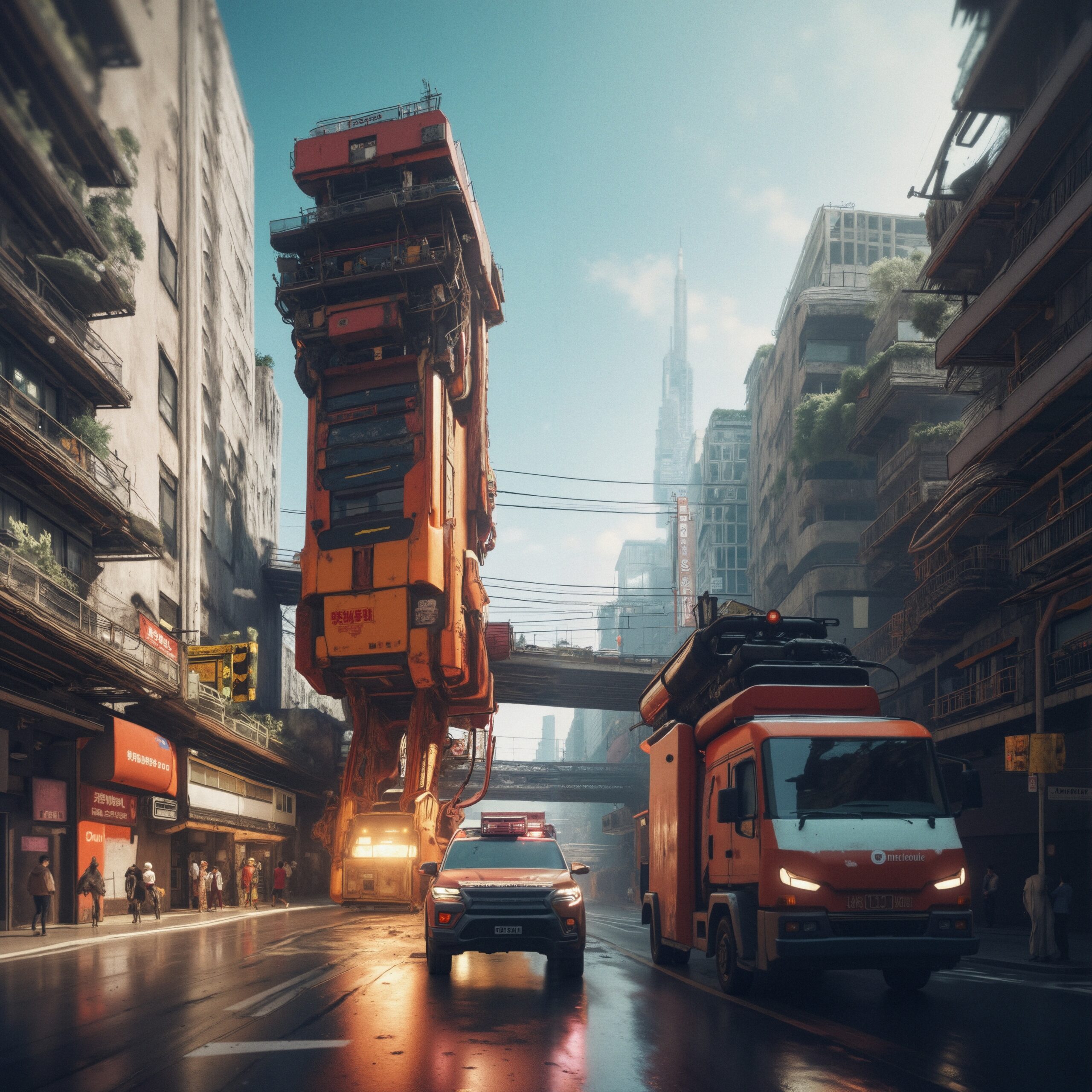 Towering Machine in Cityscape