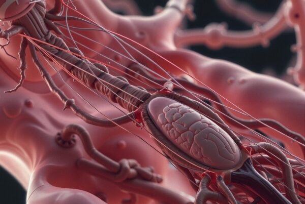 Close-up view of intricate nerve and blood vessel network in a biological organism.