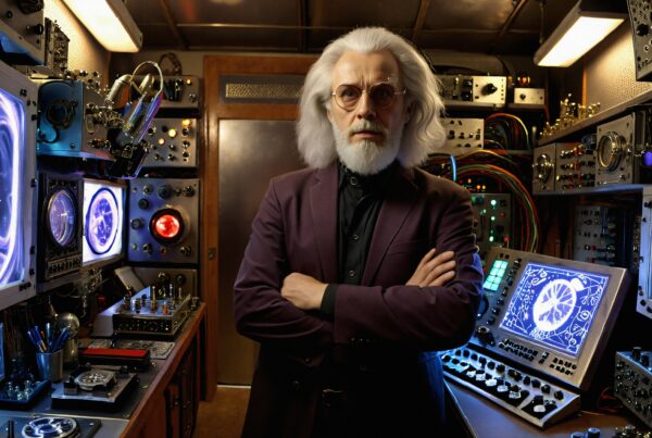 Elderly scientist in futuristic laboratory with cosmic technology.