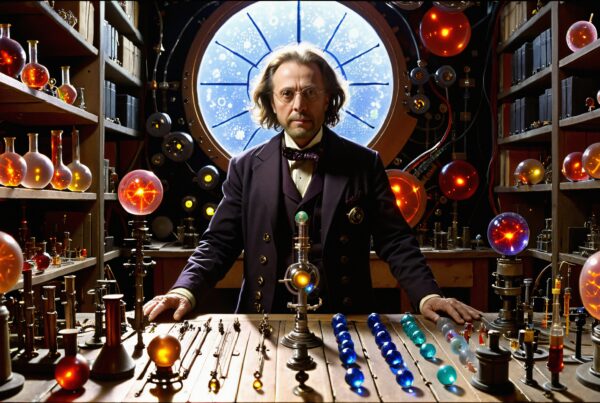 A steampunk scientist's laboratory filled with glowing orbs, intricate scientific tools, and a snowy window backdrop.