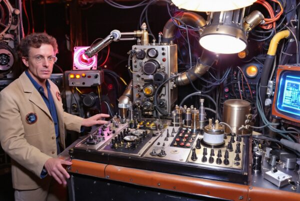 A scientist operates complex vintage equipment in a dimly lit control room filled with dials and monitors.