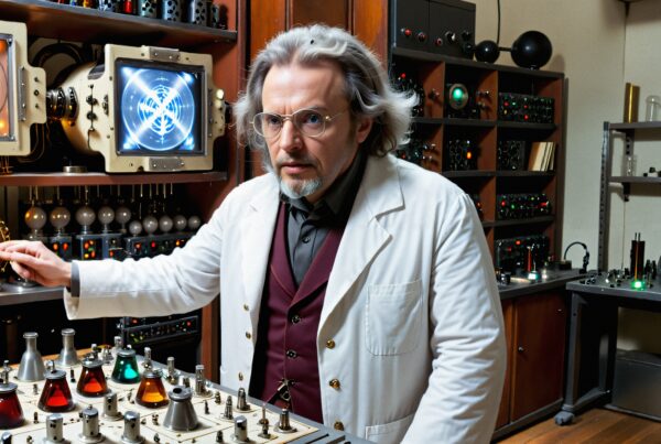 A scientist in a lab operates a control panel with glowing devices and machinery, portraying a scene of futuristic experimentation.