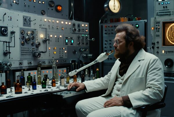 A scientist in a vintage laboratory surrounded by complex control panels and colorful bottles, focusing on monitors displaying geometric patterns.