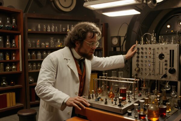 A scientist in a vintage lab conducting experiments with various glassware and control panels.