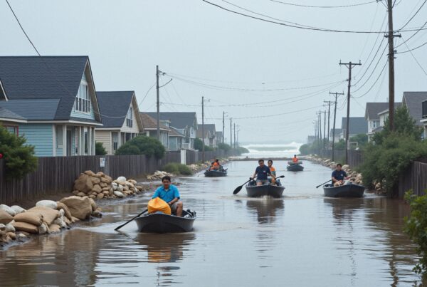 Flooded suburban street with rowboats navigating.