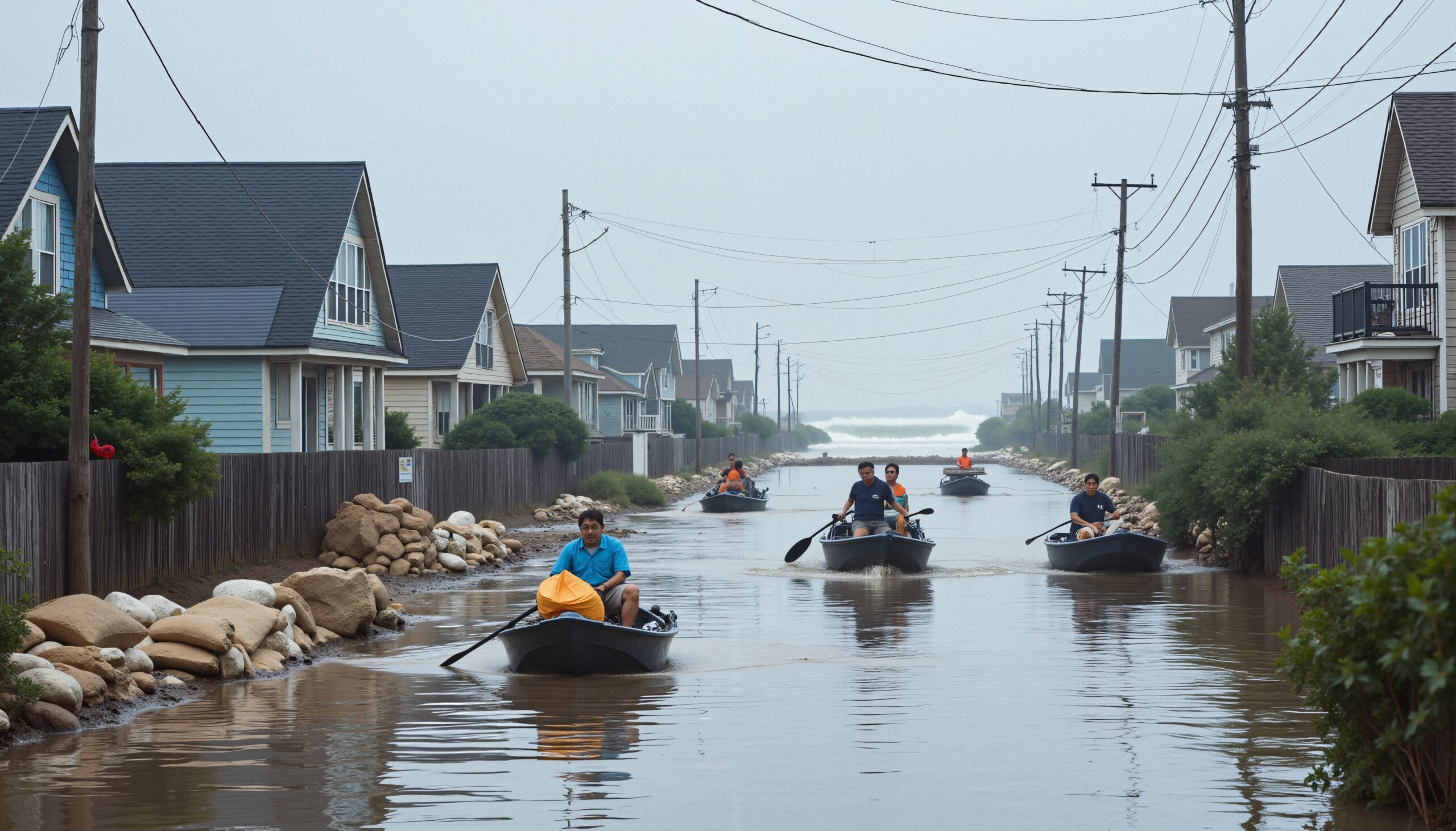 Rowboats navigate flooded suburban street