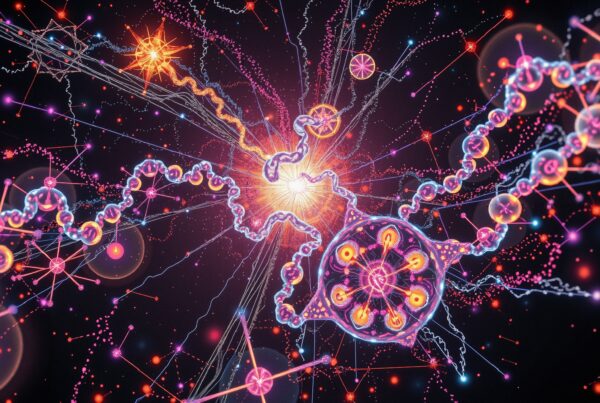 Abstract neon explosion with molecular structures and particles.