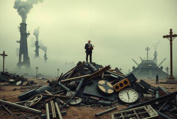 A man stands on debris pile in foggy industrial landscape.