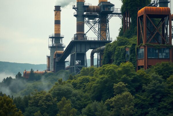A rusted industrial complex surrounded by dense forest and emitting smoke under an overcast sky.