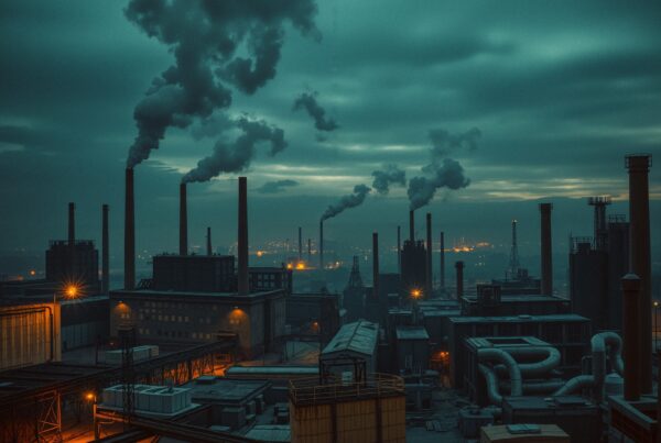A large industrial area with smokestacks releasing smoke under a dark sky.