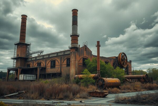 Abandoned industrial factory with smokestacks under a cloudy sky.
