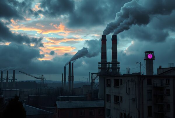 Industrial skyline with chimneys and vibrant sunset sky.