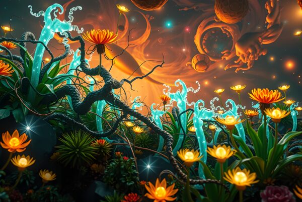 A vibrant, fantastical garden with glowing flowers.