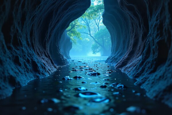 A mystical cave with water leading to a lush forest.