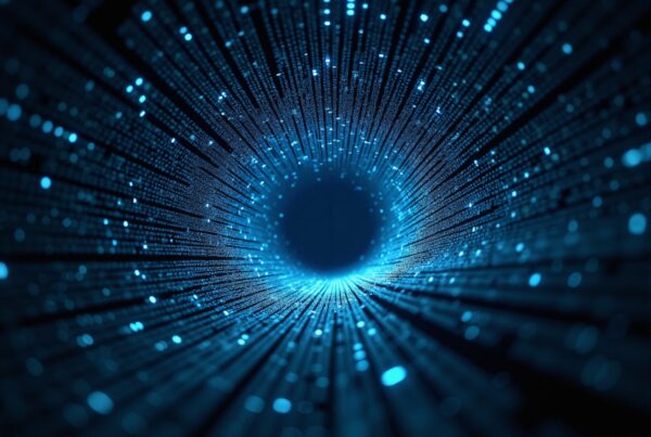 Futuristic digital tunnel with glowing blue lights, representing data flow and technological connectivity.