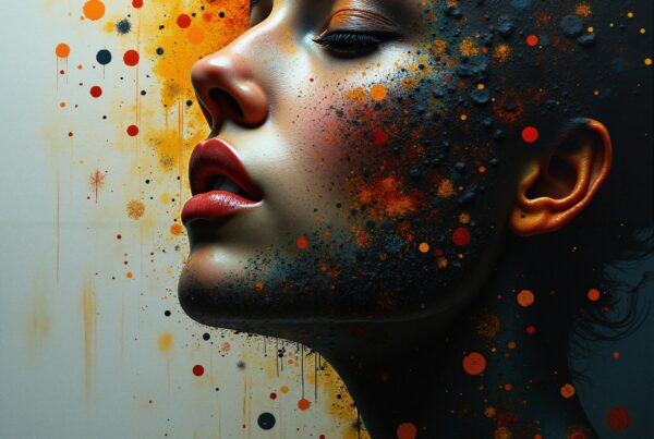 Side profile of a woman’s face with vibrant, abstract paint splatters in orange and black, merging realism and modern art.