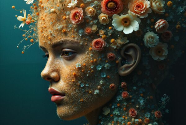 A serene portrait featuring a woman's face creatively adorned with vibrant flowers against a teal backdrop.