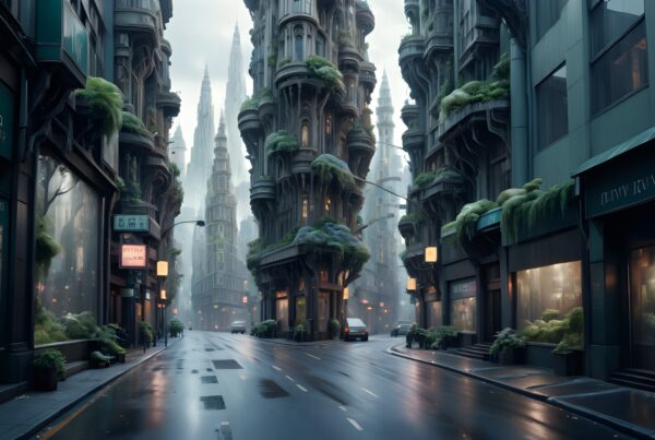 Futuristic city street with greenery, showcasing innovative urban architecture.