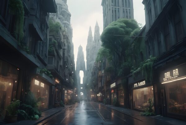 Urban street with towering buildings and abundant greenery.
