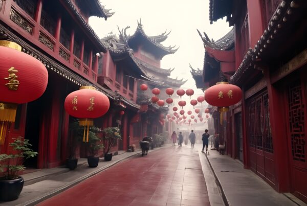 A traditional Chinese street lit by red lanterns, featuring intricate architecture and a misty ambiance.
