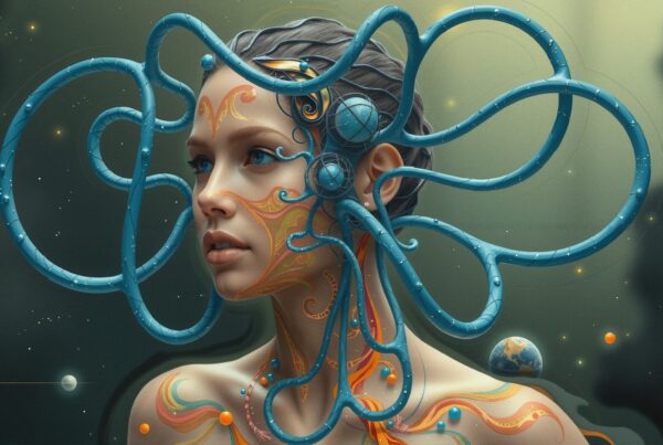 Surreal portrait of a woman with futuristic blue tubes and cosmic background.