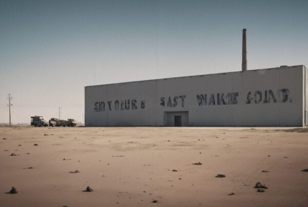 A large, abandoned warehouse stands alone in a barren desert landscape, conveying a sense of desolation and solitude.