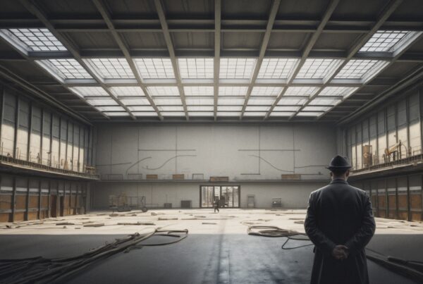 A man in a suit and hat stands in a spacious, industrial hall with skylights, surrounded by construction materials.