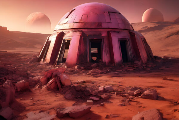 Ruined Pink Dome on Alien Planet with Three Moons in Sky.