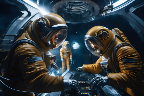 Astronauts Operate Spacecraft Controls Amidst a Futuristic, Intergalactic Voyage