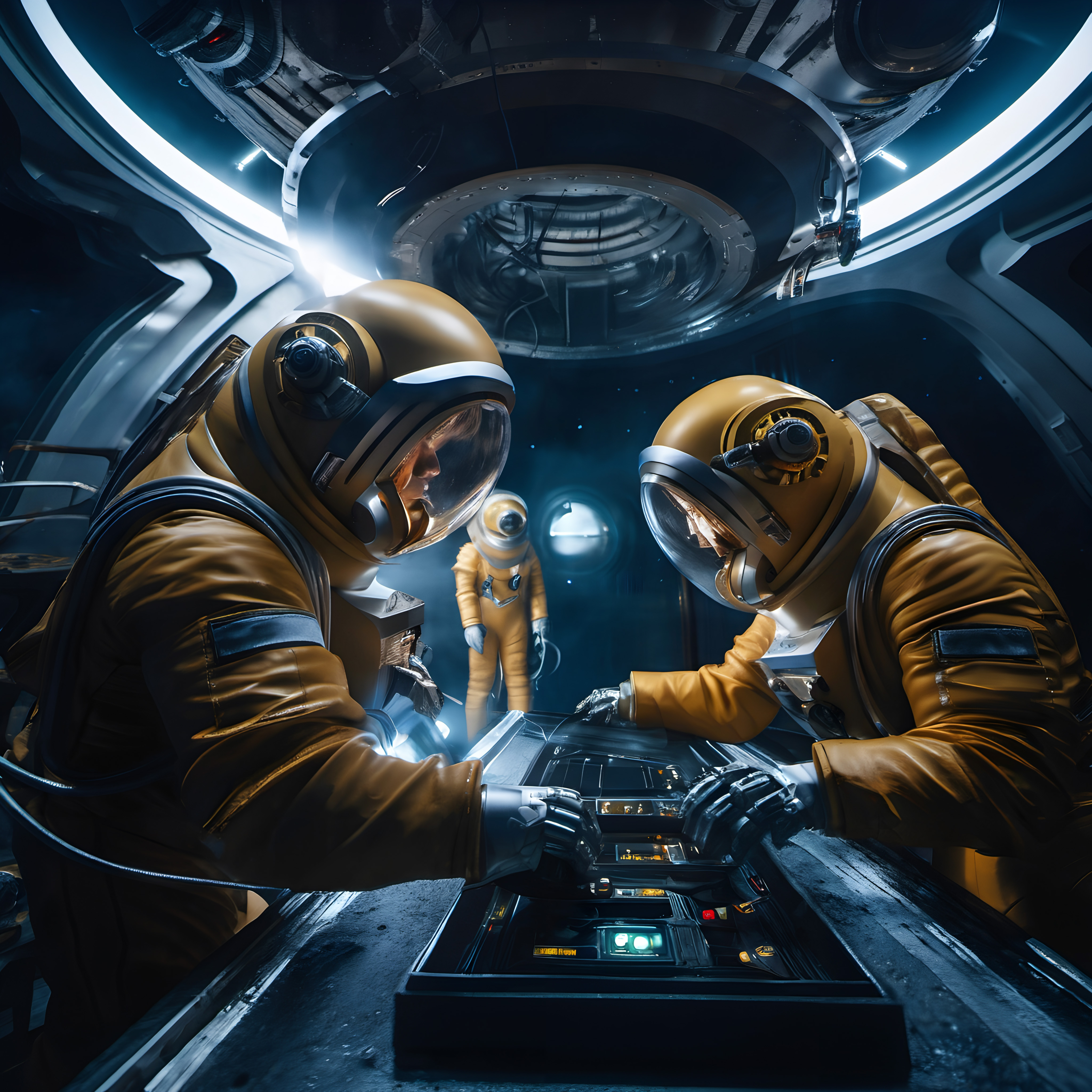 Astronauts Operating Spacecraft Controls