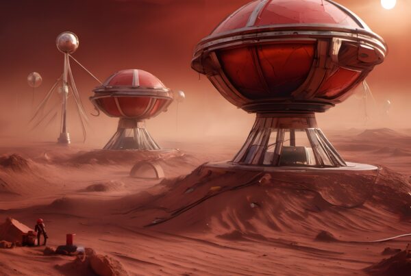 Futuristic Mars base with domes under a warm sun.