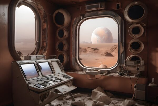 Abandoned space station on Mars with dusty interior and planet view.